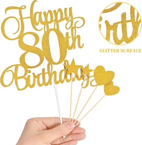 80th Birthday Cake Decorations - Glitter Happy 80th Birthday Toppers & Candles Set | Gold