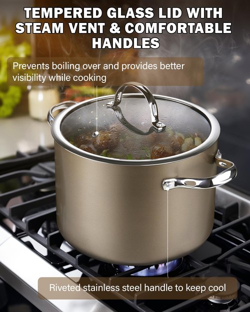 Cooks Standard Hard Anodized Ceramic Nonstick 8-Quart Stock pot with Glass Lid, Classic Induction Large Cooking Gumbo Pot, Ollas de Cocina, Bronze