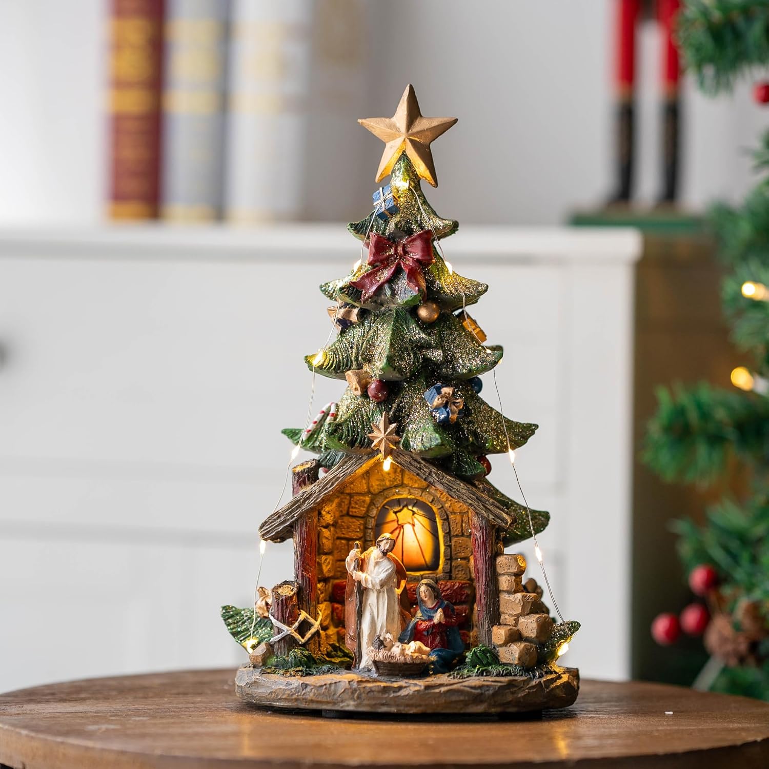VISFLAIR 12'' Christmas Tree Nativity Scene - Lighted Musical Holy Family Figurines with LED & Silent Night Music