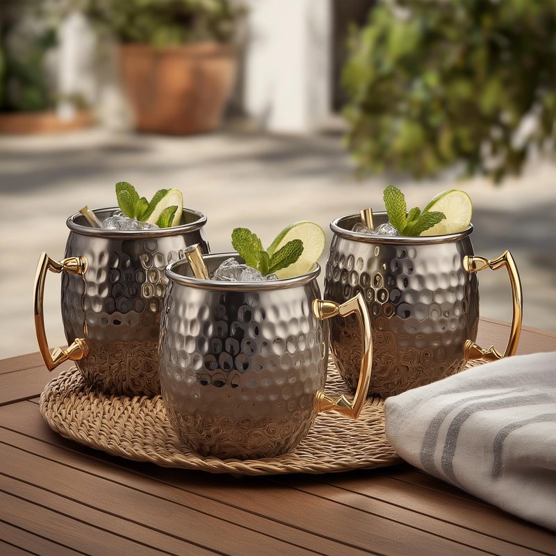 K&K Home Black Moscow Mule Mugs - 17oz Hammered Black Cups with Stainless Steel Lining - Set of 4 Black Mugs Perfect for Cold Drinks, Beer, Wine, Outdoors, Gifts and Parties