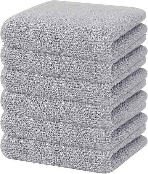Homaxy Kitchen Dish Towels - 100% Cotton Waffle Weave, Ultra Soft & Absorbent, 13 x 28 Inches, 6-Pack, Light Gray