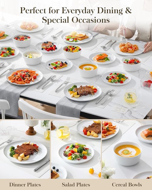 MALACASA 24-Piece Gourmet Porcelain Dinnerware Set - Premium Chip & Scratch Resistant Dishes for 8 | White LEXI Series