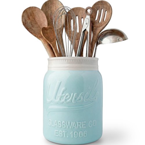 Comfify Wide Mouth Mason Jar Utensil Holder Decorative Kitchenware Organizer Crock, Dishwasher Safe - Kitchen Caddy Aqua Blue for Countertop, Large Size 7" Hight