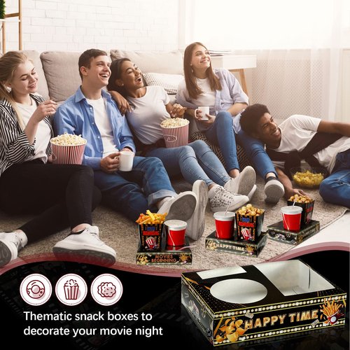 Faccito 36 Pcs Movie Night Snack Trays Theater Snack Boxes Disposable Cinema Paper Holder Movie Night Neon Glow Party Supplies for Popcorn Food Candy Drink Party Favors(Black Gold,Cute Style)