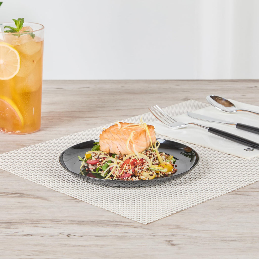 Restaurantware 7 x 7 Inch Party Plates 100 Disposable Plastic Dessert Plates - Round Heavy-Duty Black Plastic Salad Plates Serve Sides Or Appetizers For Weddings Or Catering
