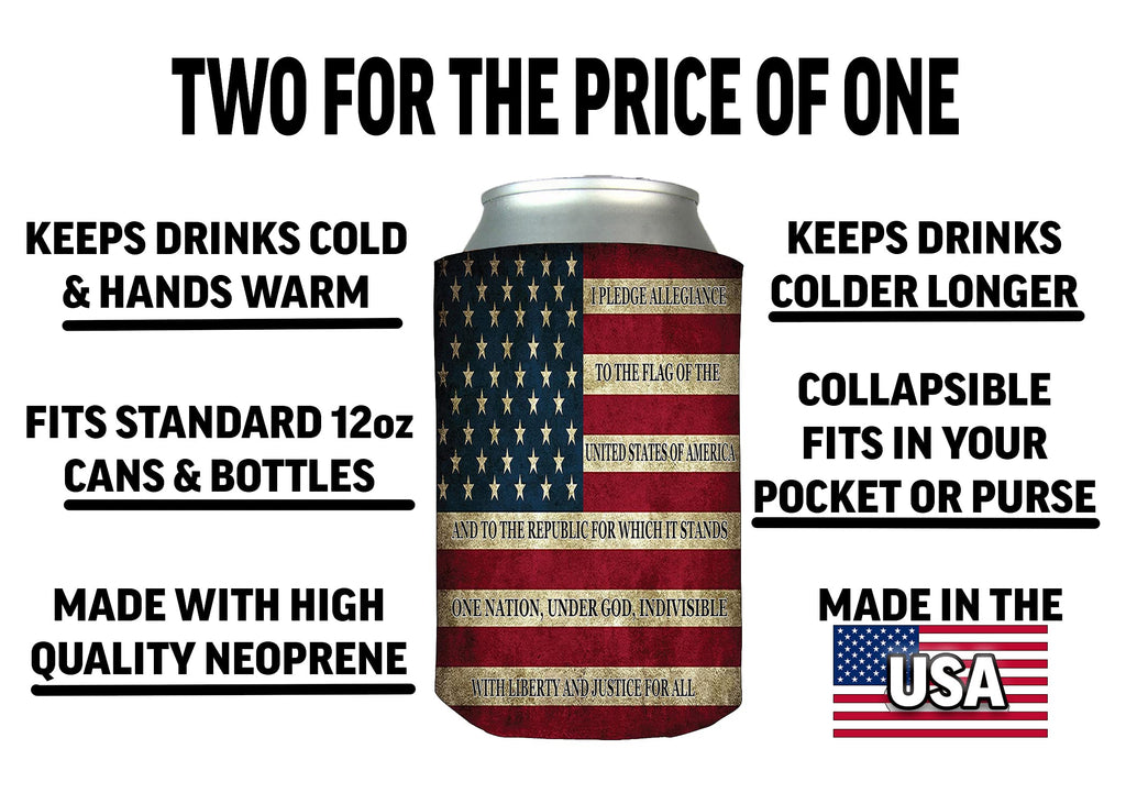 Rogue River Tactical USA Flag Pledge Of Allegiance Collapsible Beer Can Bottle Beverage Cooler Sleeves 2 Pack Gift Set