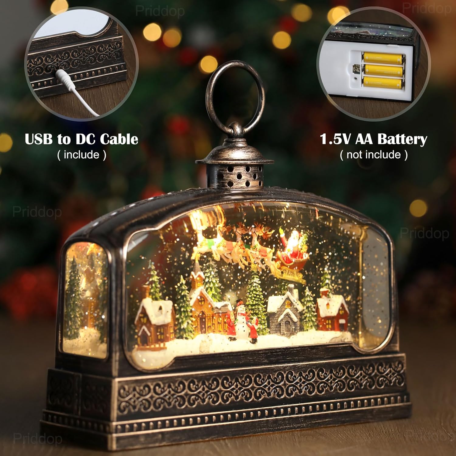 Priddop Christmas Snow Globe - Santa Claus & Snowman Village Scene with USB/Battery Timer & Music