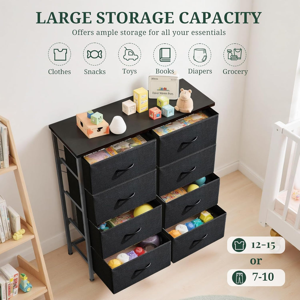 Skiennix 8-Drawer Dresser - Anti-Tip Tall Storage Organizer with Wooden Top & Metal Frame | Black