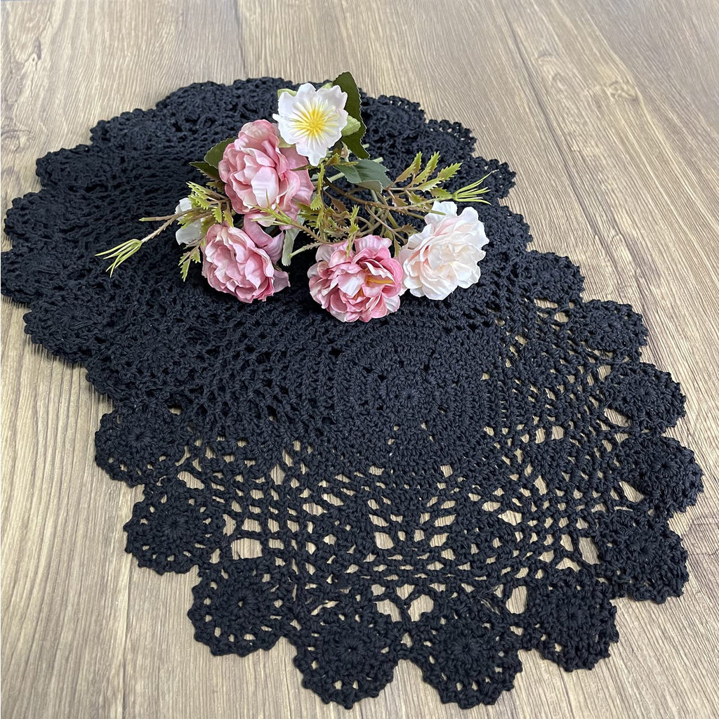 Phantomon 12 Inch Round Doilies Crochet Handmade Lace Placemats 100% Cotton Knitted Coasters, Pack of 4 (Black)
