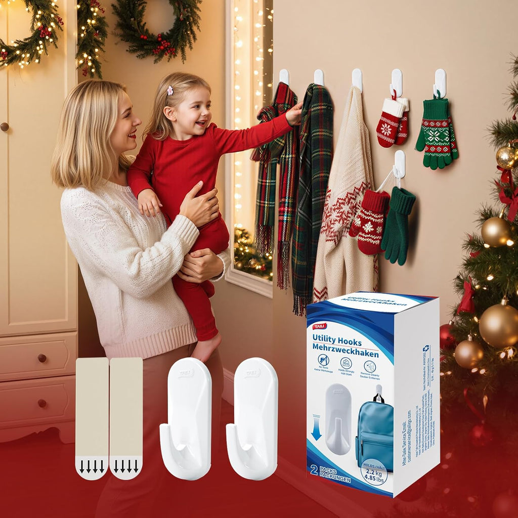 TAILI Heavy-Duty Sticky Hooks - Removable & Reusable Utility Hooks for Painted Walls | White, 5 lb Capacity