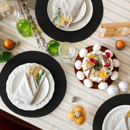 MEGASKET Placemats Set of 6, 13" Round Woven Table Mats, Cotton Rope Placemats for Kitchen and Dining Table, Farmhouse Wicker Rattan Place Mats for Decor, Non Slip, Heat Resistant Hot Pods, Black