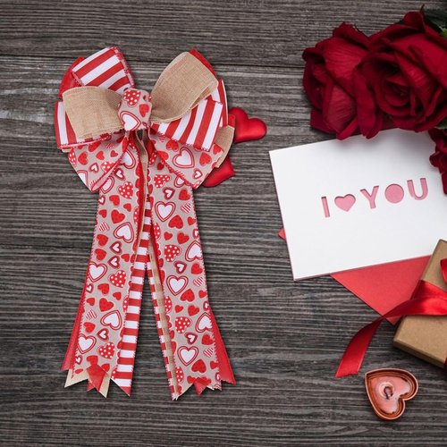 Meseey Valentine's Day Tree Topper Bow - Red Heart Print Burlap Bow for Home Decor | Indoor/Outdoor Use