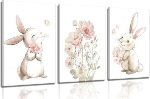 Grengel Pink Girl Nursery Bunny Canvas Wall Art - Cute Rabbit & Wildflowers Decor for Baby Rooms