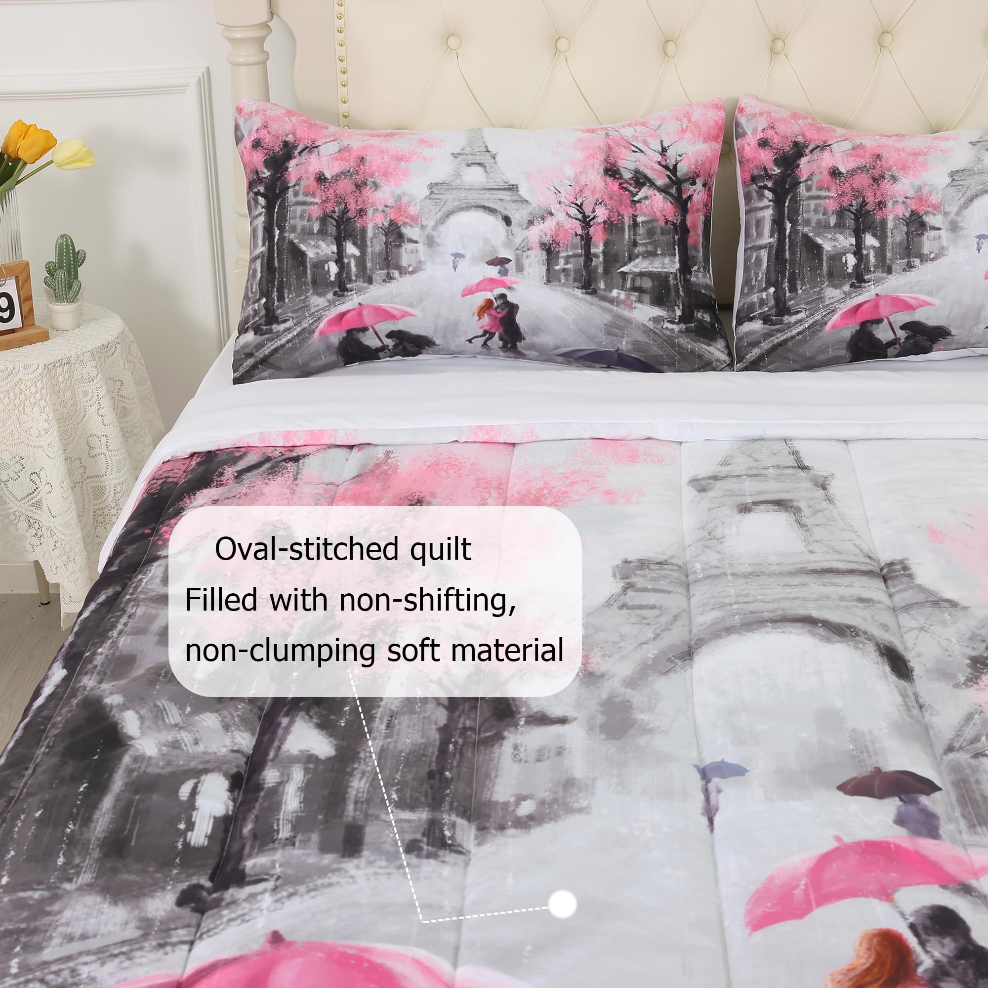 EDGZKO Paris Comforter Set King: Pink and Grey Eiffel Tower Bedding Sets King Size French Style Romantic for Girls Teens Women Bedroom Soft Quilt Bed Set 1 Comforter & 2 Pillowcases