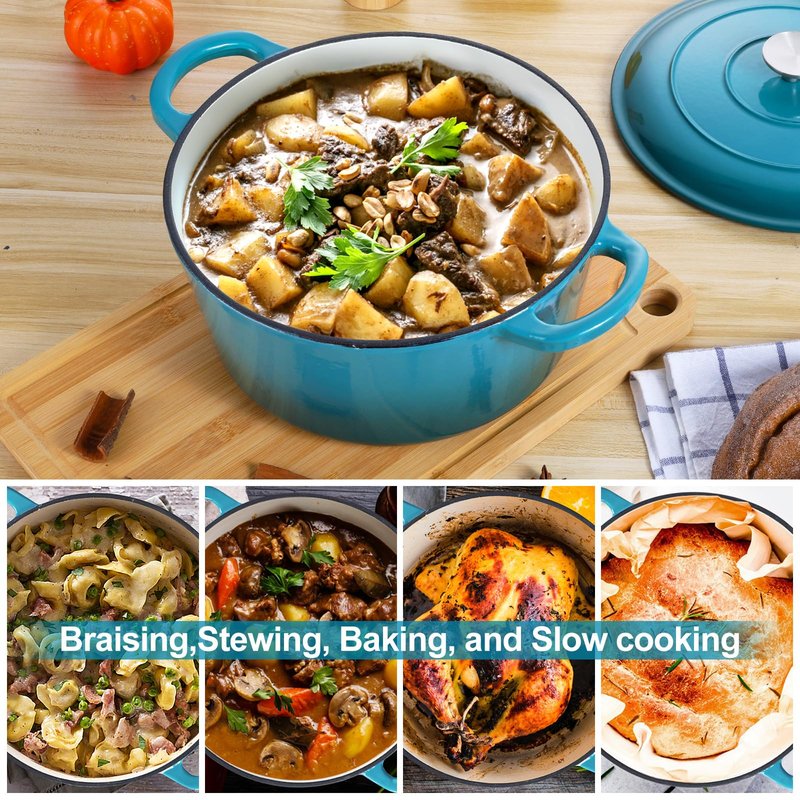 E-far 6 Quart Dutch Oven, Enameled Cast Iron Dutch Oven Pot with Lid, Nonstick Round Cookware for Braising/Stews/Roasting/Bread Baking/Cooking, Heavy Duty, Induction & Oven Safe - Teal Mist