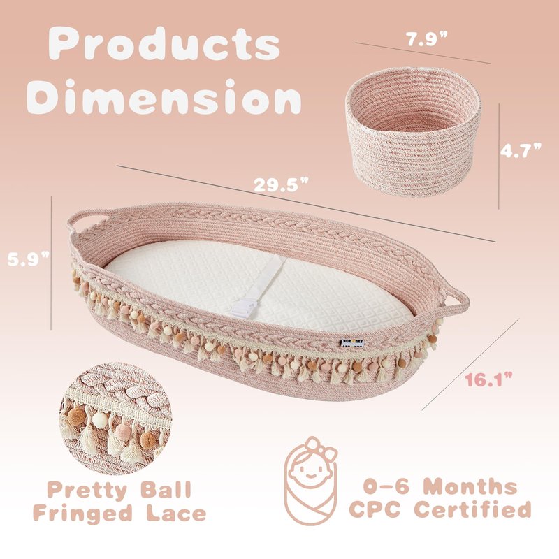 Nurcret Baby Changing Basket, Foldable Portable Changing Pad, Moses Basket for Newborn, Changing Table Topper for Dresser, Cotton Rope Diaper Caddy for Travel&Nursery, Waterproof Foam Pad Cover, Pink