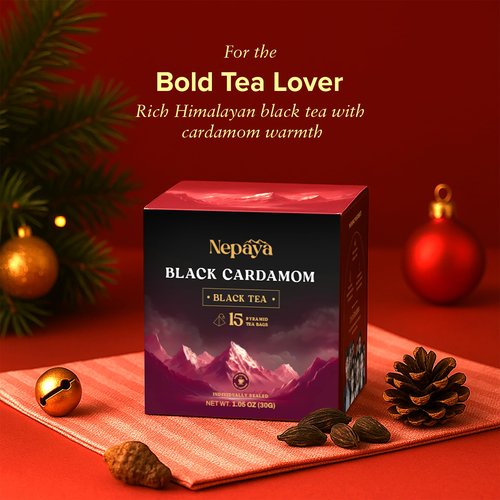 Nepaya Black Cardamom Black Tea Bags – 15 Pyramid Tea Bags, Robust & Smoky, High Caffeine, Biodegradable, Himalayan Whole-Leaf Tea, Coffee Replacement