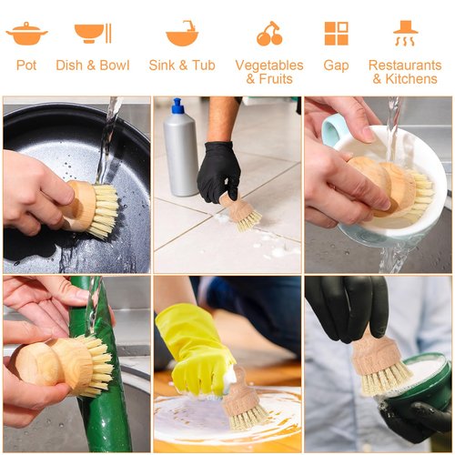 cobee 12Pcs Bamboo Dish Scrub Brushes, Kitchen Dishwashing Scrubber with Natural Sisal Bristles Round Wooden Dish Scrubber Brush for Iron Pot Pan Food Kitchen Sink Fruit Vegetable Wash