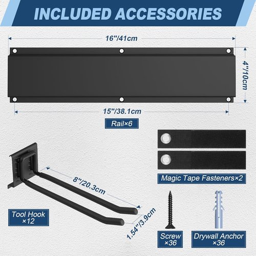 Housolution Heavy Duty Garage Wall Organizer - 96 Inch Tool Storage System with 12 Adjustable Hooks | 720 lbs Capacity