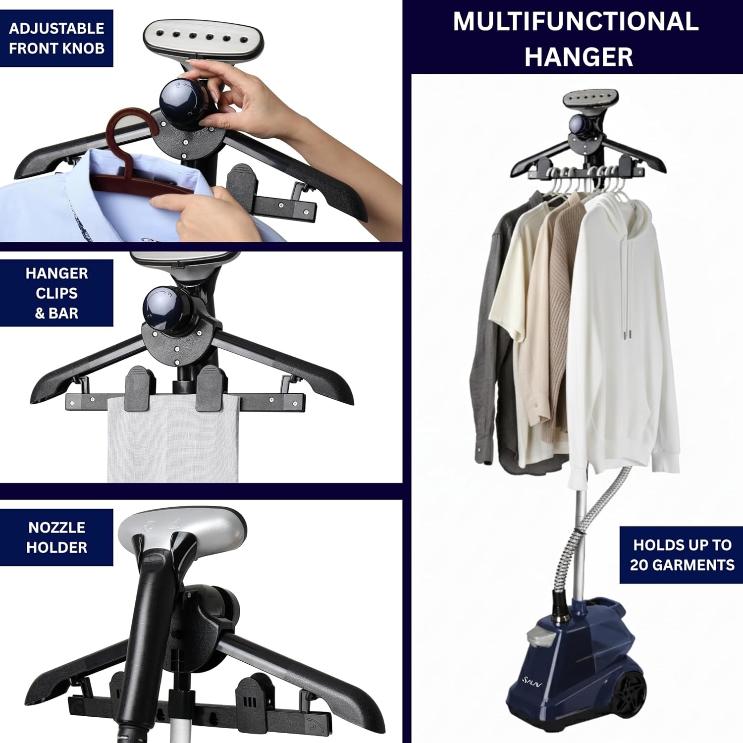 SALAV Heavy Duty Garment Steamer - Extra Large 3L Water Tank & Foot Pedals | 1800W Power, Navy