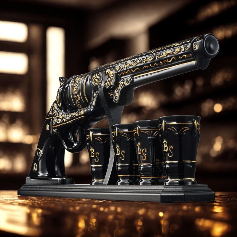 Gifts for Men Dad Hand Painted Pistol Gun Whiskey Decanter Set & Shot Glass - Black & Gold & 4 Bullet Shots - Unique Birthday Fathers Day - Gift for Brother, Cool Anniversary Present Him Husband