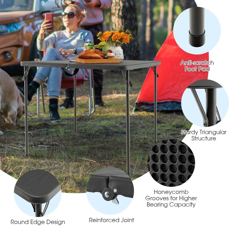 Goplus 34" Square Folding Card Table, Portable Plastic Utility Folding Tables with Collapsible Legs & Carrying Handle, Indoor Outdoor for Picnic, Party, Dining, Camping, BBQ, Grey