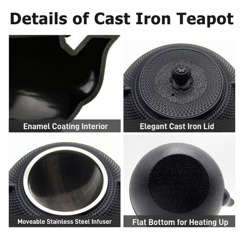 YJX 40.6 fl oz Cast Iron Teapot Set, Japanese Tetsubin Tea Set with Cast Iron Teacups, Small Tea Kettle Set with Strainer for Loose Tea, Enameled Interior (1200ml Tea Set with Cups and Saucers)