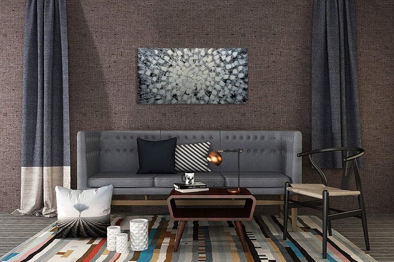 MyArton Textured Abstract Squares Canvas Wall Art Hand Painted Modern Black Silver Oil Painting Picture for Home Decoration Ready to Hang Horizontal or Vertical 40x20inch
