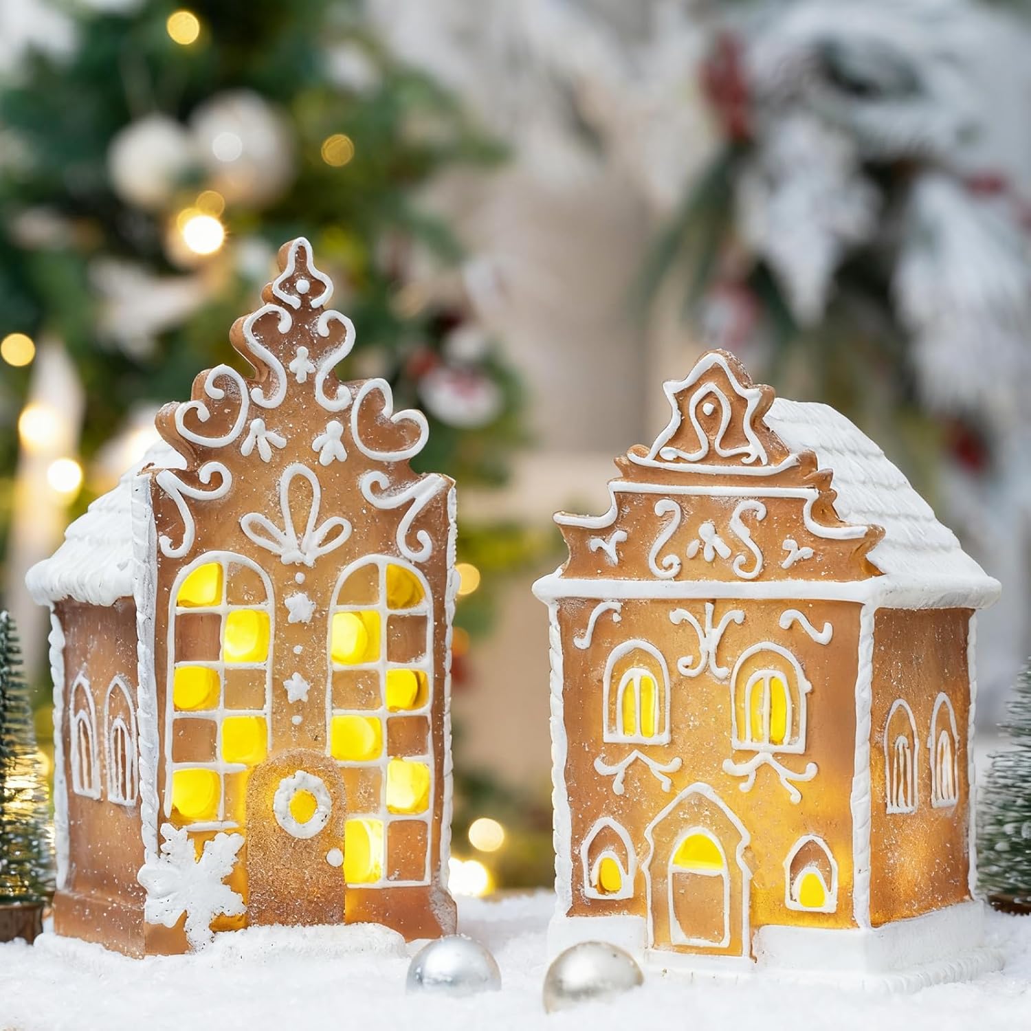 Skiennix Christmas Gingerbread Village House Figurines - Pre-Lit LED Decor | 2-Piece Set