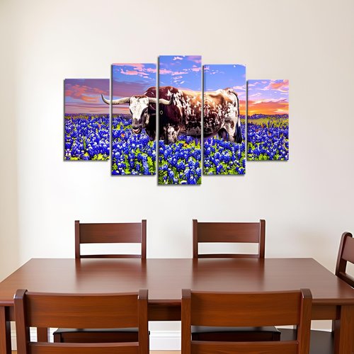 RyounoArt Longhorn Wall Decor Texas Bluebonnet Pictures Painting Bluebonnet Field Canvas Art for Living Room Bedroom Decor Framed Large