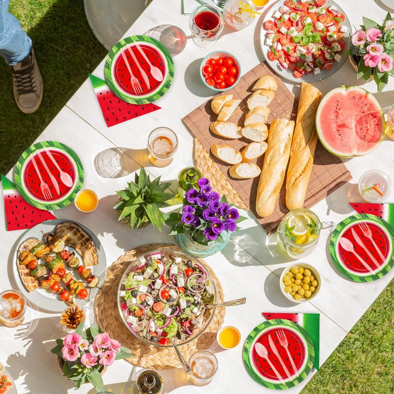 FYSUIMU Watermelon Party Supplies Kit Summer One in a Melon Tableware Set Disposable Paper Plates Cups Napkins Forks Knives Spoons for 25 Guests Birthday Baby Shower
