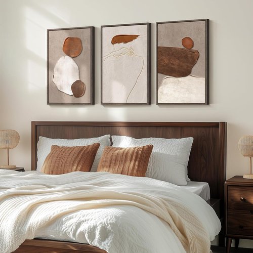 Framed Neutral Abstract Wall Art - 3 Piece Earth Tones Rustic Canvas Prints for Living Room | 16x24 Inch