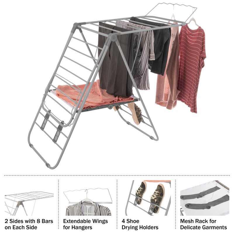 Clothes Drying Rack - Indoor/Outdoor Portable Laundry Rack for Clothing, Towels, Shoes - Collapsible Clothes Stand by Everyday Home (Brushed Silver)