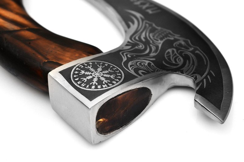 Handmade 11” Pizza Cutter, 10” Cutting Blade with Carbon Steel, Leather Sheath, Skull Design, Viking Style Pizza Cutter Design. Multi-Purpose Cutter… (Dark Wood Handle)