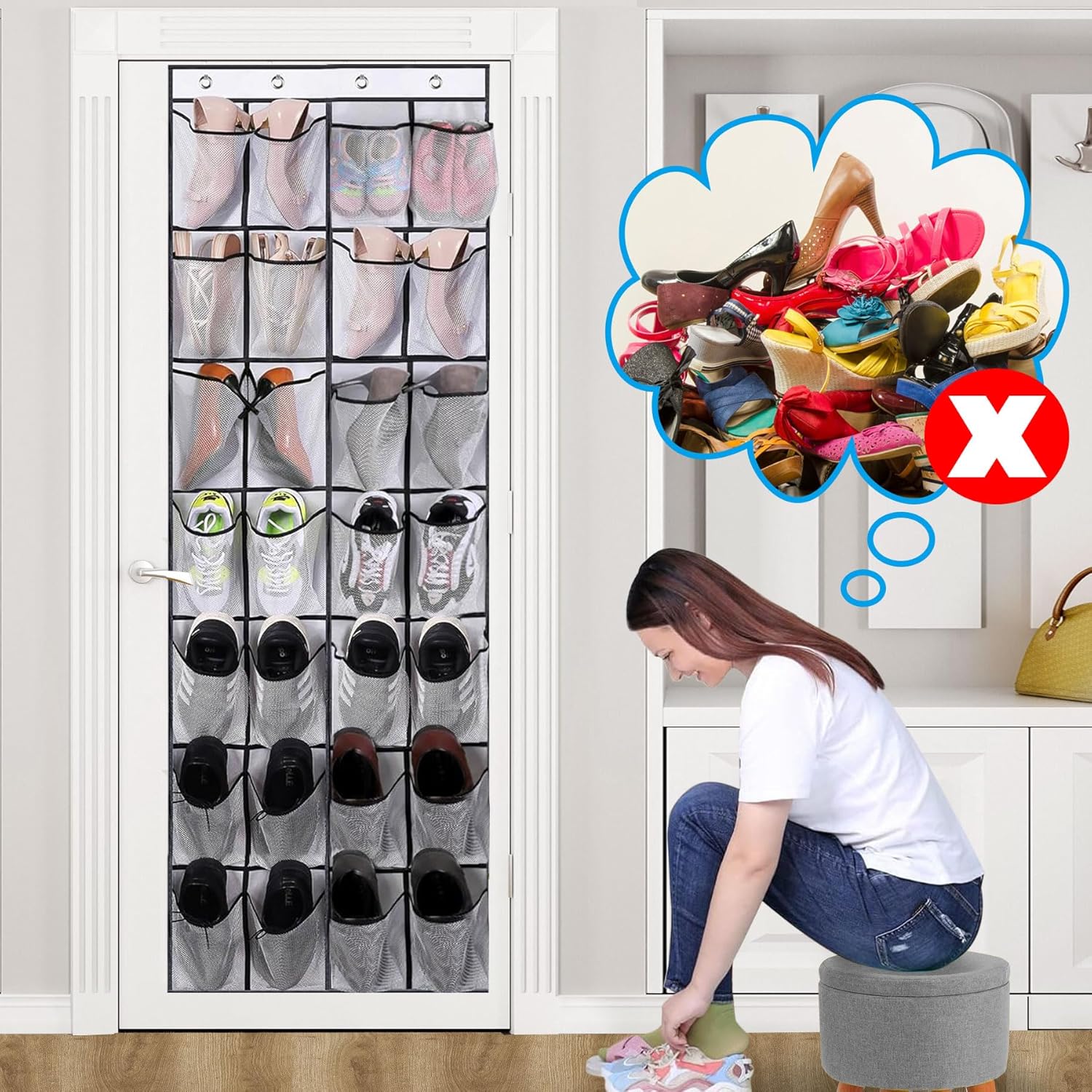 Over The Door Shoe Organizer - 28 Mesh Pockets for Space-Saving Storage | White Hanging Rack
