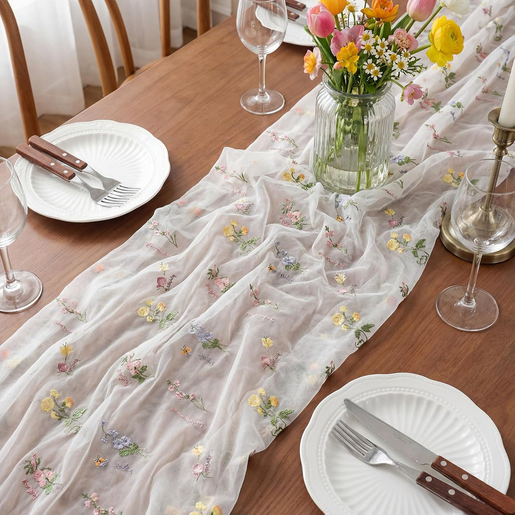 Remagr Floral Table Runner - 9.8 ft Embroidered Tulle for Home Decor | Perfect for Weddings & Parties