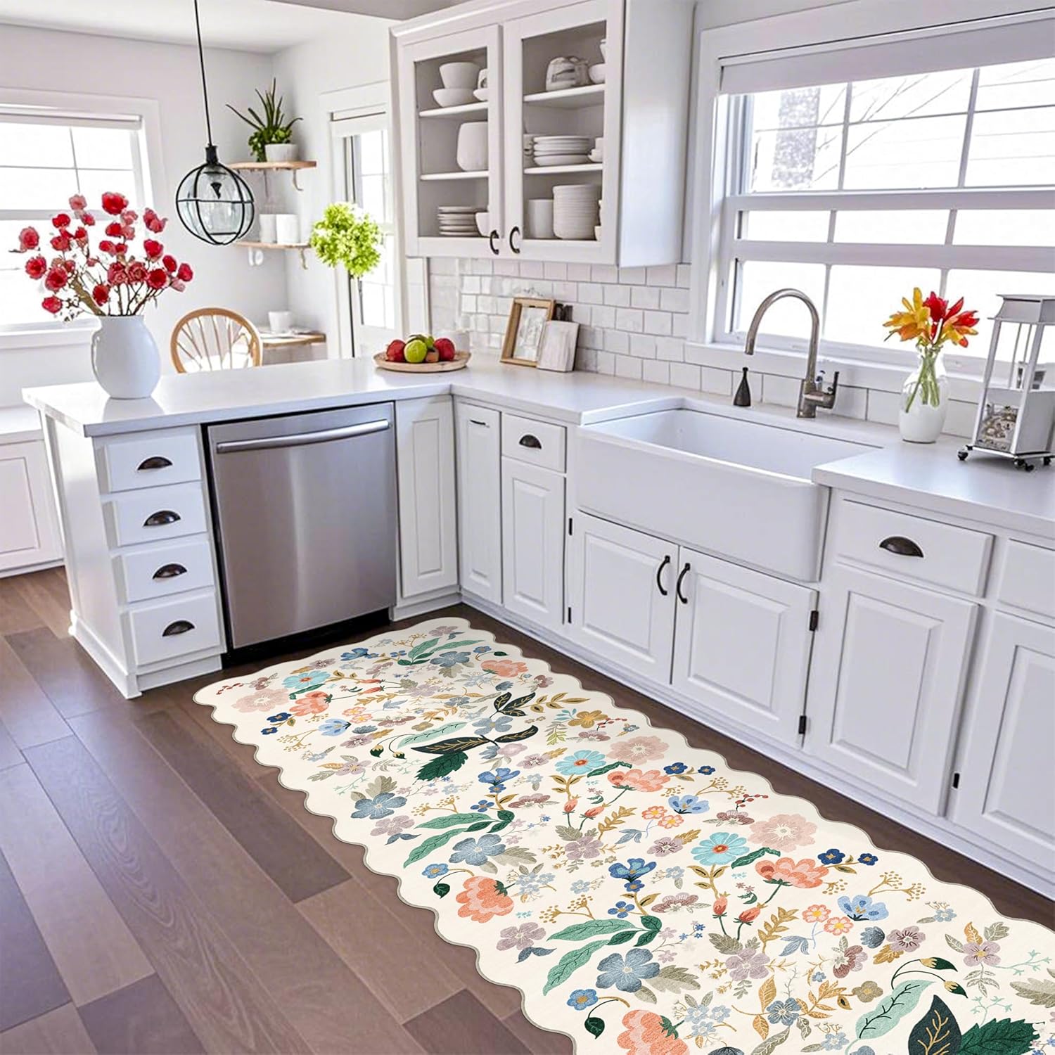 Skiennix 3x10 Washable Hallway Runner Rug - Soft Floral Scalloped Design | Non-Slip, Water Resistant, Cream