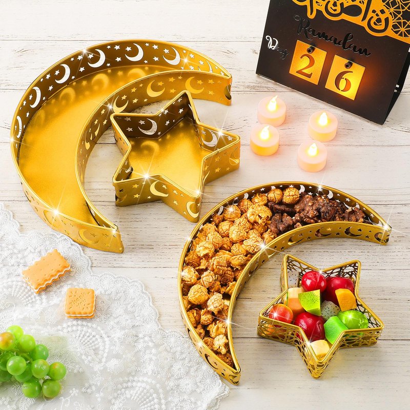 Seeloowy 4 Pcs Eid Mubarak Trays Decor Ramadan Moon Serving Trays Star Islam Muslim Food Serving Tray Iron Tray Decorations for Ramadan Islam Party Dessert Pastry Display Holder Decoration