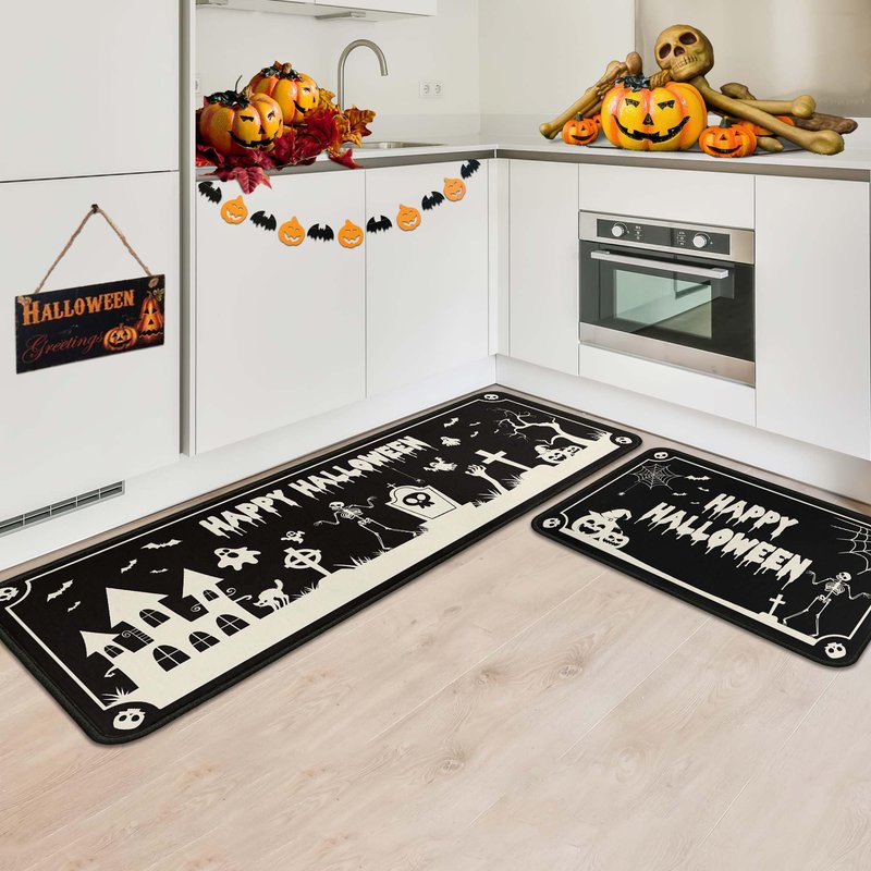 OUXIOAZ Happy Halloweeen Skull Black Kitchen Rugs and Mats Set of 2, Bat Boo Pumpkin Halloween Farmhouse Party Floor Mat for Home Kitchen Decorations 17"x47"+17"x30"
