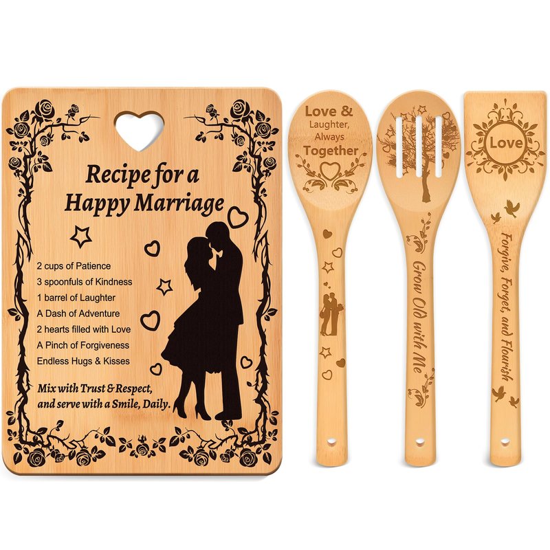 Recipe for a Happy Marriage Gift Set, Bamboo Cutting Board with Engraved Utensils, Unique Wedding, Engagement, Bridal Shower Gift for Couples, Him and Her, Mr and Mrs Newlywed Kitchen Set