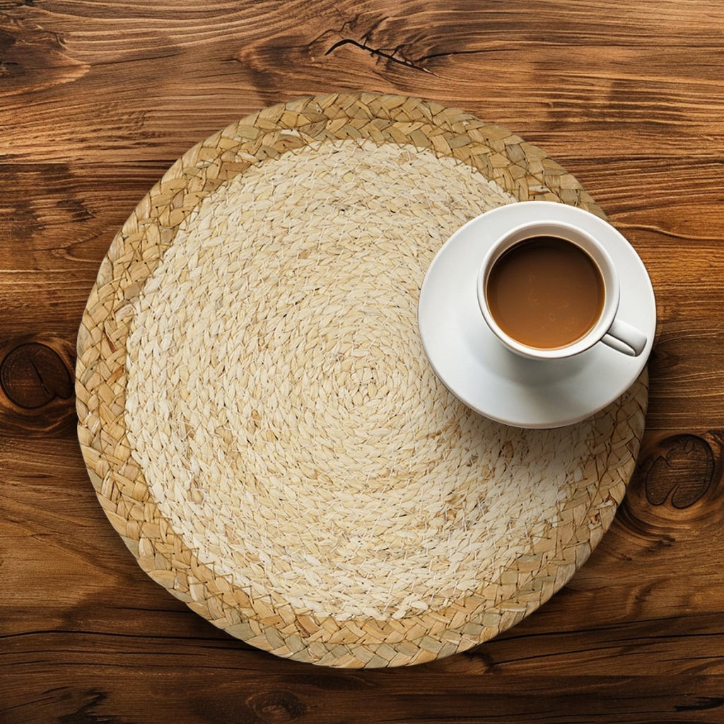 Phantomon Boho Placemats Set of 4 with Wooden Bead Napkin Rings - Natural Cotton, Burlap Rectangular Mats and Handmade Straw Woven Round Placemats for Farmhouse Dining Table or Kitchen Decor