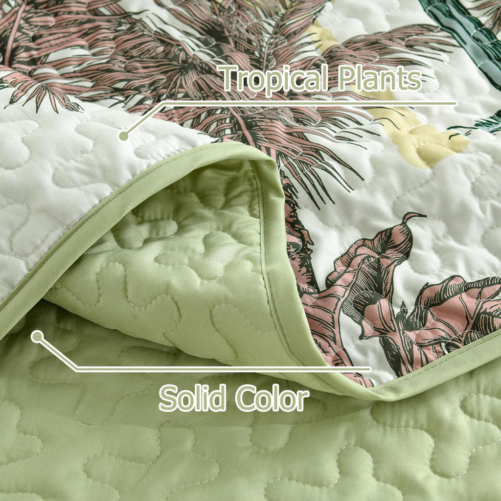 Luxudecor Tropical Plants Quilt Set Queen Size 3 Pieces Green and Brown Palm Botanical Bedspread Rainforest Style Bedding Set Soft Lightweight Bed Cover All Season 96"x90"