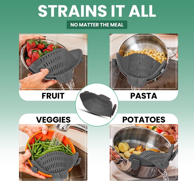 Blooming Sea Pasta Strainer Clip-On for Pots and Pans – Heat Resistant Colander for Vegetables and Noodles – Space-Saving Design – BPA-Free, Dishwasher Safe, Universal Fit (Grey)