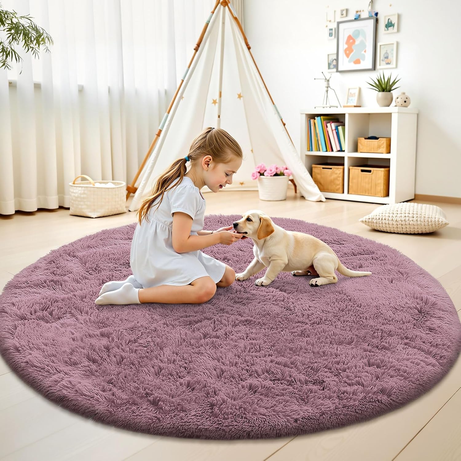 OLANLY Blush Round Area Rug - Soft, Fluffy, Machine Washable 4 ft Circle Carpet for Bedroom & Living Room Decor
