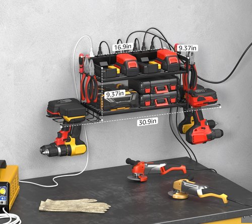 CCCEI Garage Tool Storage - Power Tool Battery Organizer with Charging Station | Wall-Mount Rack for 4 Drills - Black