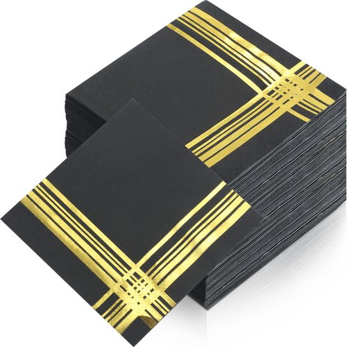 Mimorou 200 Pcs Black and Gold Napkins, 5 x 5 Inch Disposable Cocktail and Dessert Napkins with Gold Trim for Wedding Anniversary Birthday Events