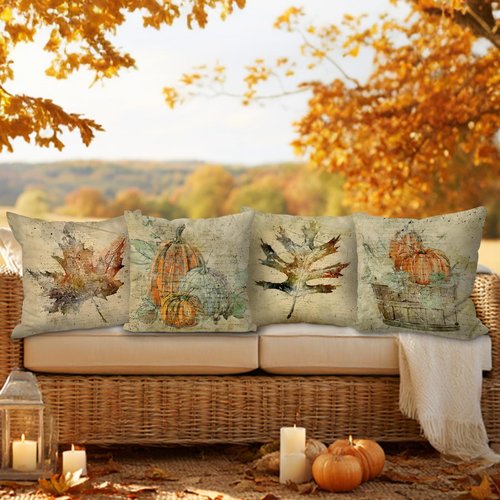Benjia Outdoor Fall Throw Pillow Covers 20x20 Set of 4, Decorative Waterproof Oxford Retro Pumpkin 20 x 20 inch Holiday Cushion Cases Home Outside Porch Decor Decoration (Style 02)