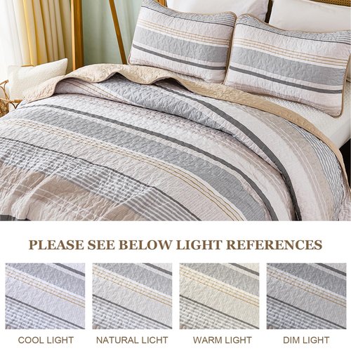 Dintszyayue Quilt Queen Size Khaki Grey, 3 Pieces Boho Striped Bedspread Bedding for Queen Size Bed, Soft Lightweight Microfiber Bohemian Coverlet Set for All Season Quilts with 2 Pillowcases