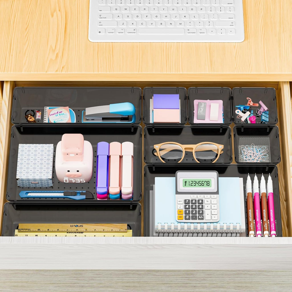 SpaceHacks 25 PCS Plastic Drawer Organizer Set - Versatile Tool Trays & Storage Bins for Makeup, Jewelry, Gadgets | Clear Black