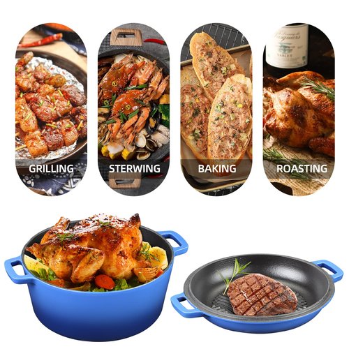 5Qt Dutch Oven, 2-In-1 Enamel Cast Iron Dutch Oven Pot with Skillet Lid, Heavy Duty Oven Safe Cookware for Sourdough Bread Baking Braising, Roasting Stewing Frying Simmering, Multi Stoves, Easy Clean (Gradient Blue)